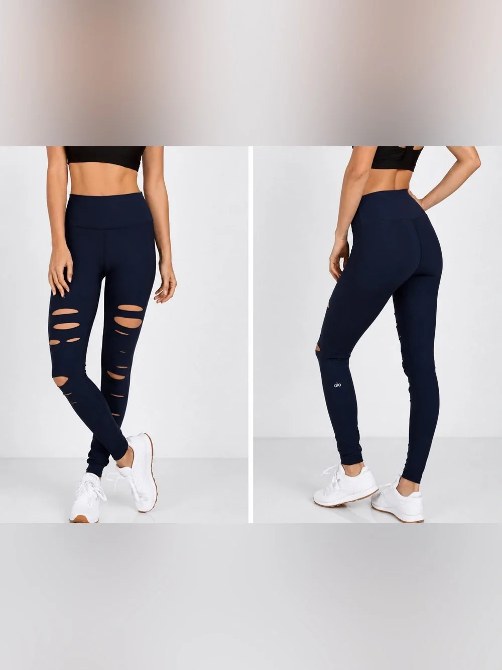 504 Alo Yoga High Waist Ripped Warrior Leggings XS Navy Blue Cutout